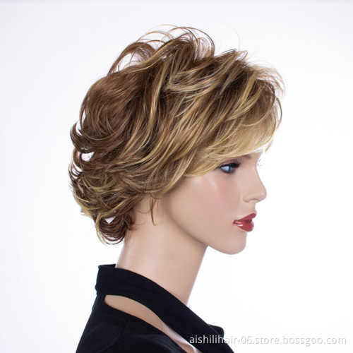 Wholesale stort mix brown with gloden natural wave and behand curly wig heat resistant synthetic hair wigs for women